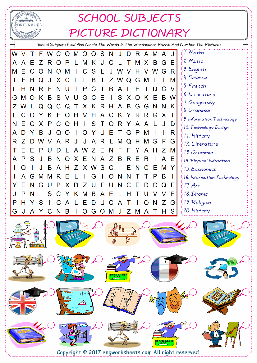  ESL wordsearch worksheets for kids, find School Subjects words in the word wordsearch write its number on its picture English worksheet. 